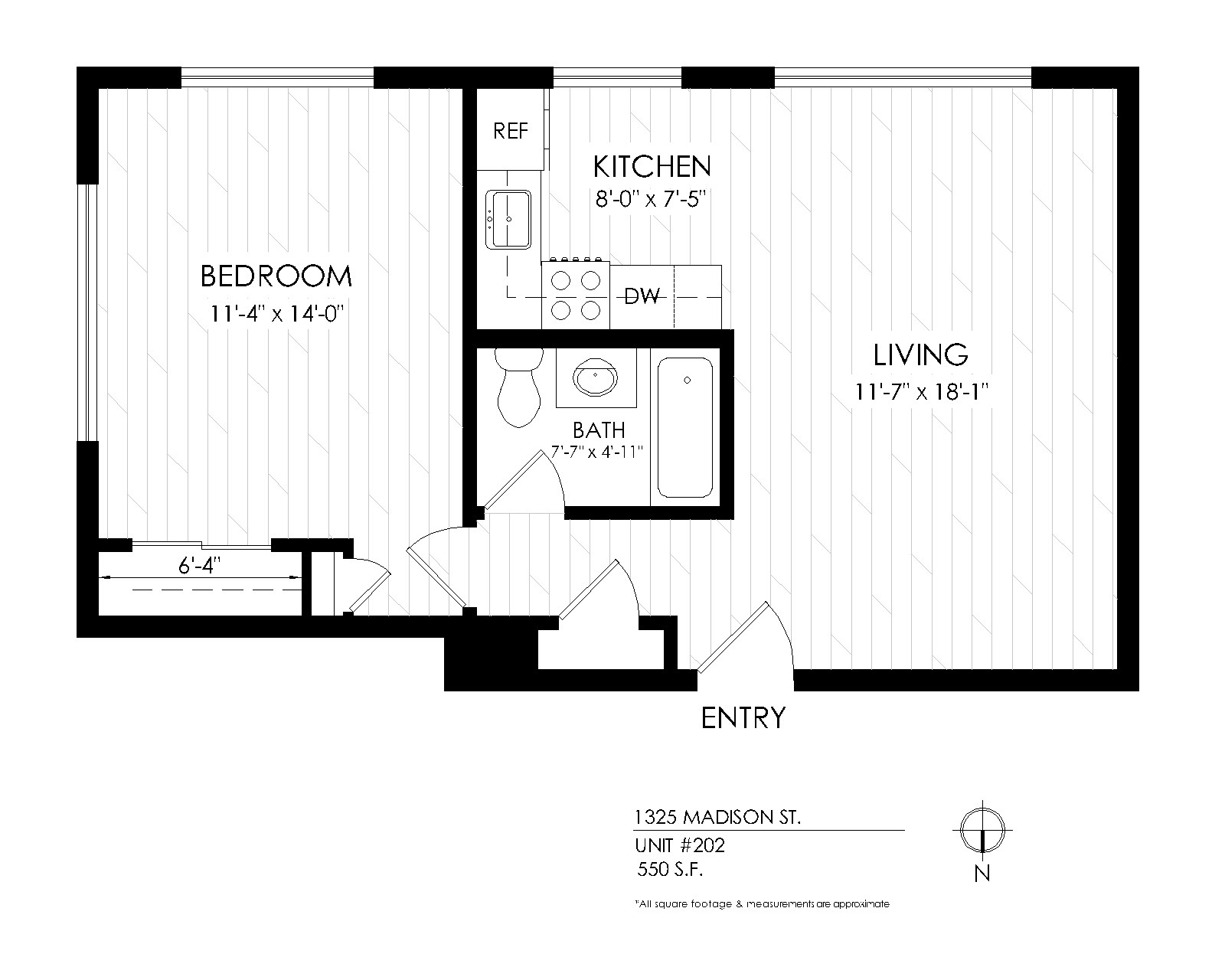 Floor plan for 1 bed, 1 bath, 535 sqft